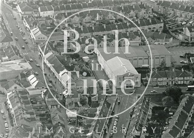 Aerial view of Moorland Road and the former Scala Cinema (now a Co-op supermarket), Oldfield Park, Bath 1991