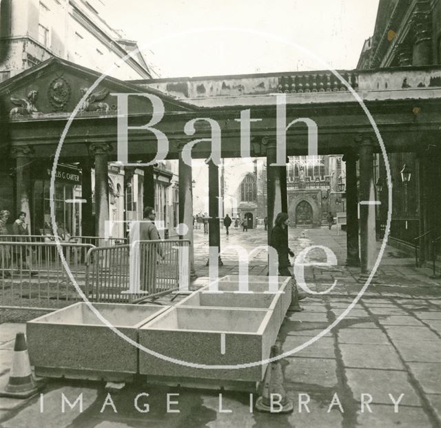 New concrete planters on the recently pedestrianised Stall Street, Bath 1973