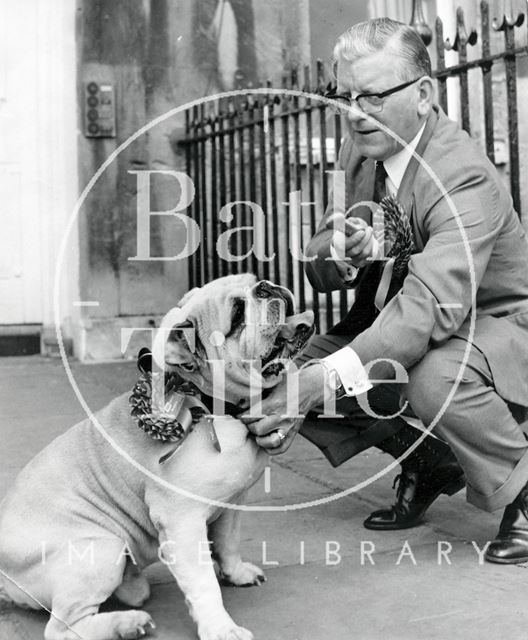 Sir Edward Brown campaigning with a bulldog, Bath 1970