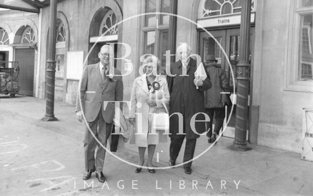 Sir Edward Brown, Lady Brown and Sir James Pitman, Bath Spa Station 1974