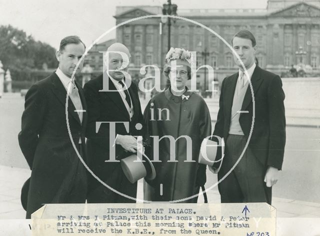 Mr. & Mrs. James Pitman with sons David & Peter at Buckingham Palace to received the K.B.E. from the Queen 1961