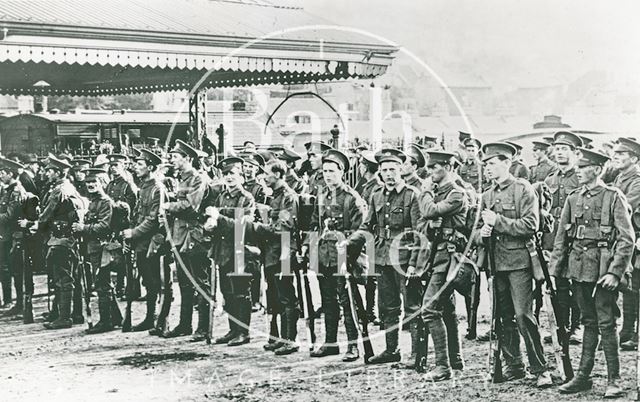 Troops assemble in the goods yard at Bath Spa Station c.1916