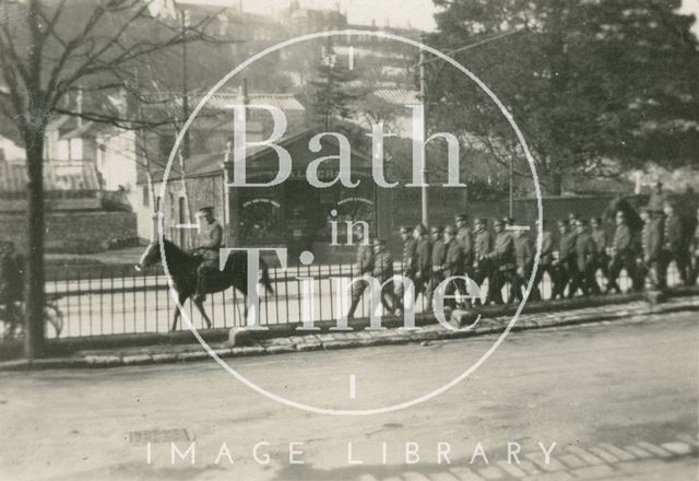 Troops marching along the London Road past Kensington Gardens, Bath c.1916