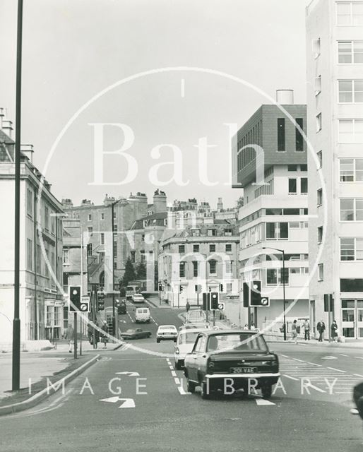 A brutalist view up Charles Street, Bath 1974