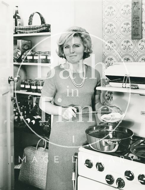 An early portrait of food writer and television presenter Mary Berry making jam 1970