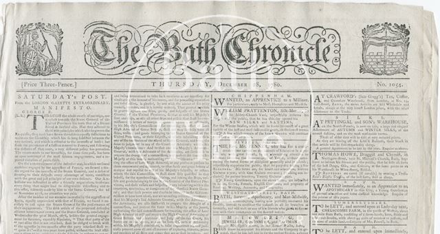 Bath Chronicle front page and mast head 1780