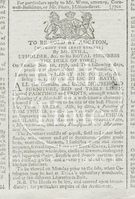 Notice of sale of Henry Sandford's effects, Bath Chronicle 1796