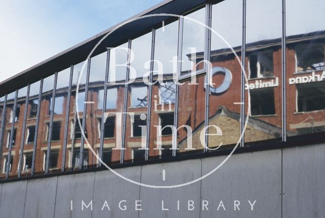 Reflection of the derelict Bath Cabinet Makers works, Lower Bristol Road, Bath 1994