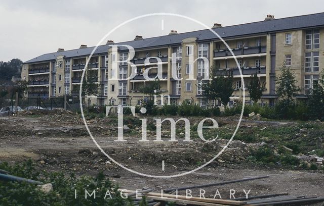 Milk Street after clearance and the rear of Kingsmead flats, Bath 1994