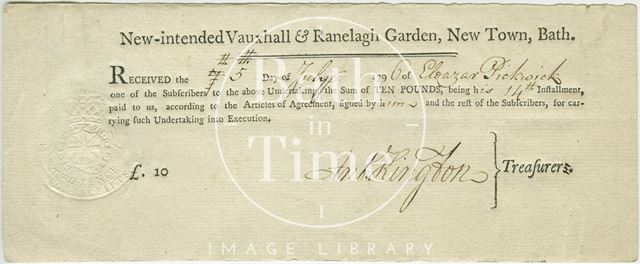 Receipt for subscription instalment. New-intended Vauxhall & Ranelagh Garden, New Town, Bath 1796