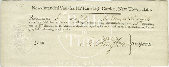 Receipt for subscription instalment. New-intended Vauxhall & Ranelagh Garden, New Town, Bath 1796