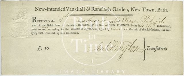 Receipt for subscription instalment. New-intended Vauxhall & Ranelagh Garden, New Town, Bath 1796