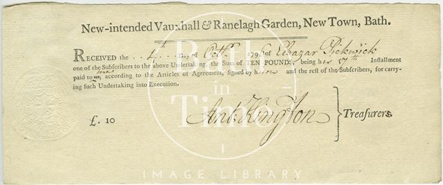 Receipt for subscription instalment. New-intended Vauxhall & Ranelagh Garden, New Town, Bath 1796