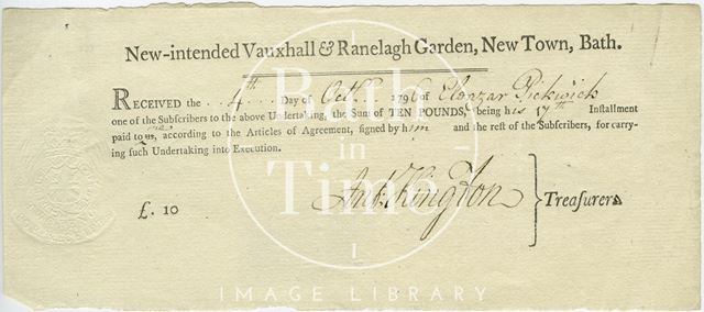 Receipt for subscription instalment. New-intended Vauxhall & Ranelagh Garden, New Town, Bath 1796