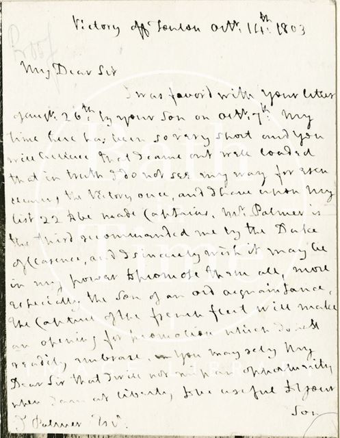 Photo of Nelson's letter to John Palmer from the Victory, off Toulon 1803