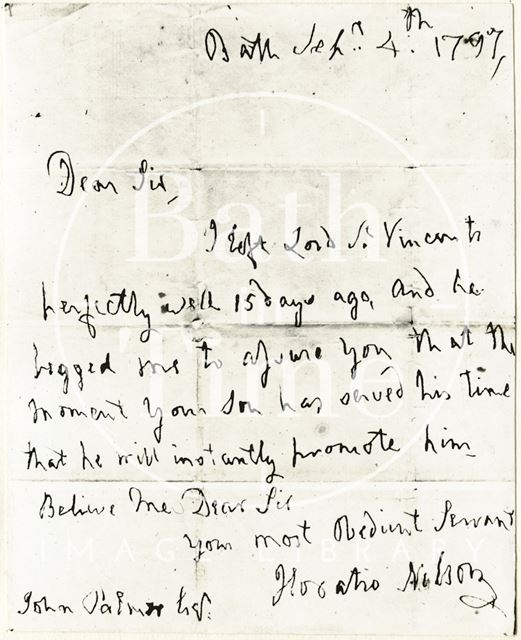 Photo of Nelson's letter to John Palmer from Bath 1797