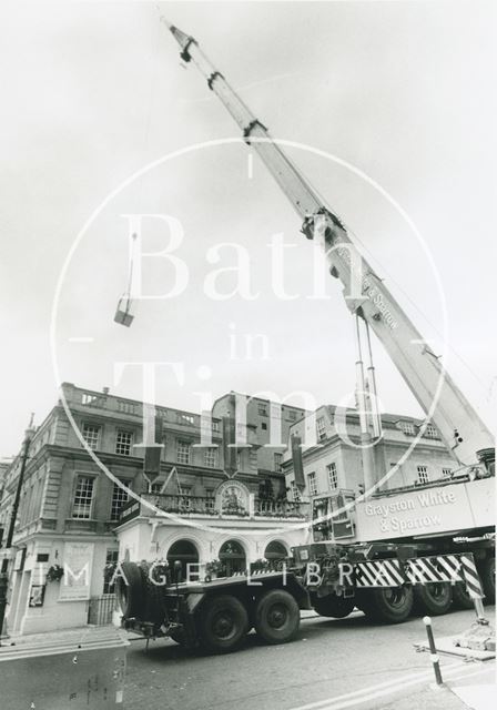 Crane lifting stage machinery into the Theatre Royal, Bath 1989