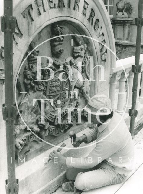 Theatre Royal coat of arms during restoration work, Bath 1975