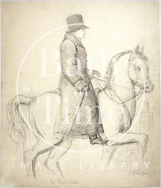 Pencil sketch of man on horse with Beckford's Tower, Bath in the background c.1826-1844