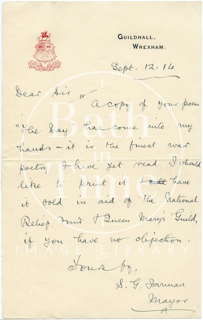 Autograph letter from the Mayor of Wrexham to Henry Chappell 1914