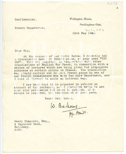 Autograph letter from Wellington House, Buckingham Gate, to Henry Chappell 1918