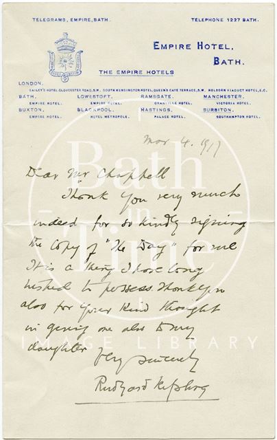 Autograph letter from Rudyard Kipling to Henry Chappell 1917