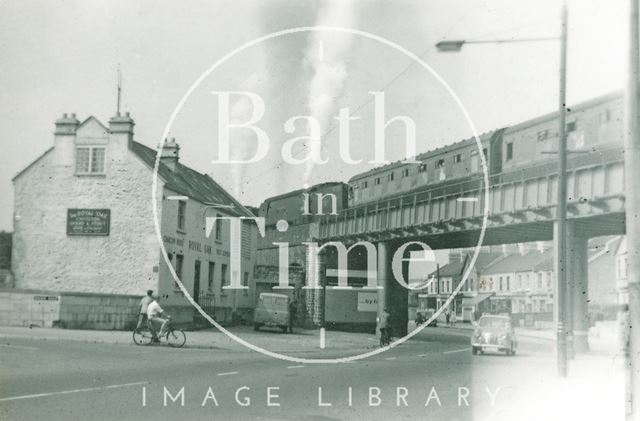 Class 5 Somerset & Dorset train crosses the Red Bridge over the Lower Bristol Road, Bath 1959