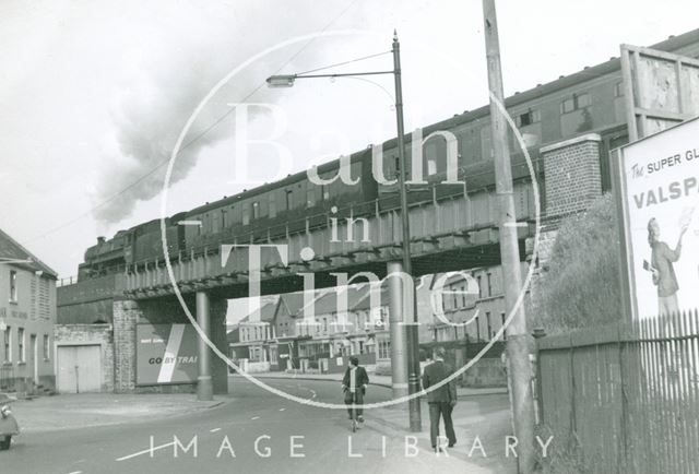 B.R. Class 5 Somerset & Dorset train crosses the Red Bridge over the Lower Bristol Road, Bath 1961