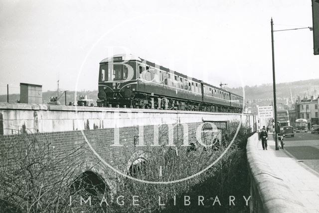 B.R. diesel multiple unit pulling out of Bath Spa Station c.1960