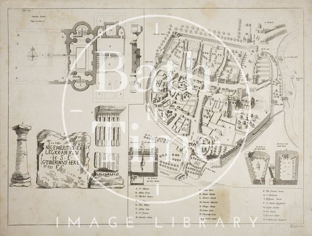 Map of Bath, Plan of Roman Baths and Roman Antiquities (c.1680) 1801