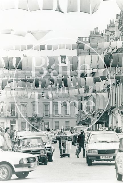 Milsom Street showing Festival Flags (Chinese silk), Bath 1983