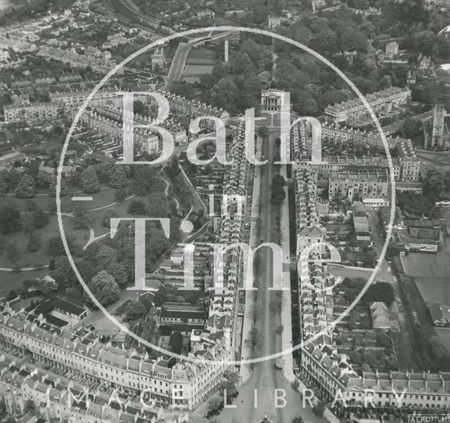 Aerial view of Great Pulteney Street showing the Holburne Museum and Sydney Gardens, Bath 1951