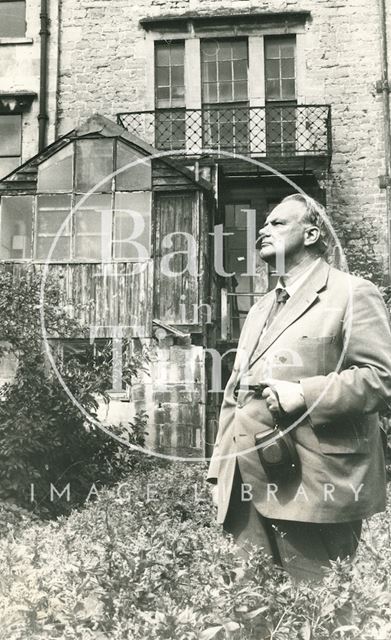 The late Sir Patrick Moore in the garden of the Herschel Museum, New King Street, Bath 1978