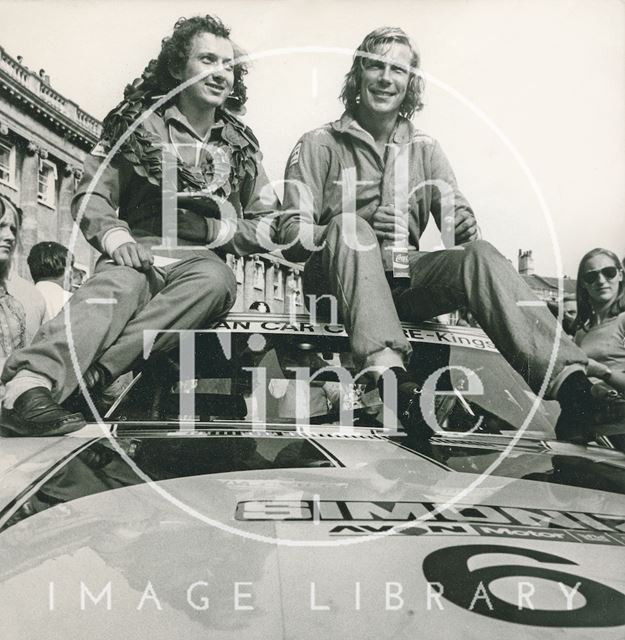 James Hunt and co-driver on the roof of their rally car outside Royal Crescent, Bath 1973