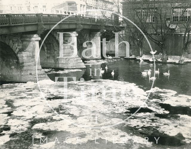 The frozen River Avon under the Old Bridge, Bath c.1963