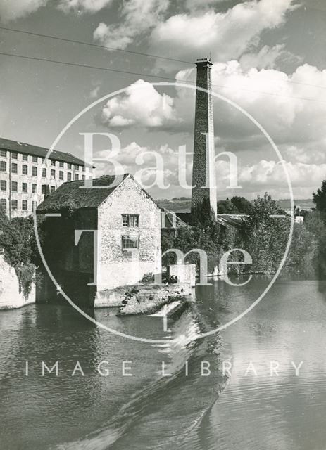 View of the mill and sluice at Twerton on the River Avon, Bath c.1960