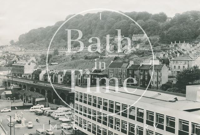 The Esso Garage, Stothert & Pitt's new offices, Lower Bristol Road and Calton Road in the background, Bath c.1968