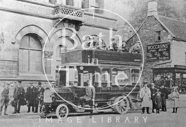 Bath Electric Tramways motor coach at the Island in Midsomer Norton, Somerset c.1910