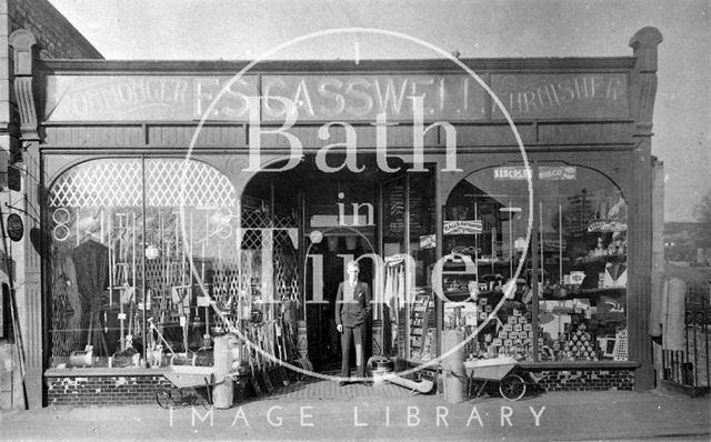 A smart man outside F.S. Casswell, ironmonger and furnisher, Radstock, Somerset? c.1920?