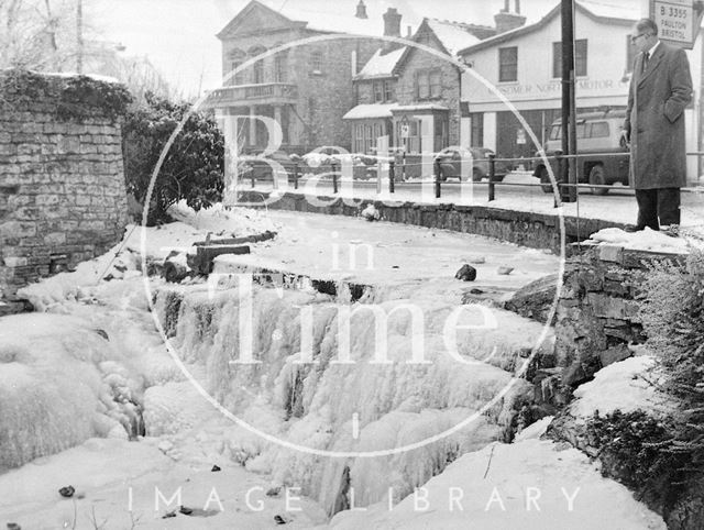 The frozen River Somer in Midsomer Norton, Somerset c.1963