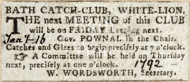 Meeting of Bath Catch Club, White Lion 1792