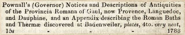 Description and record of Pownall's book from a bookseller's catalogue 1788