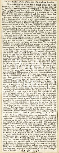 Reply to a letter questioning the state of Bath 1851