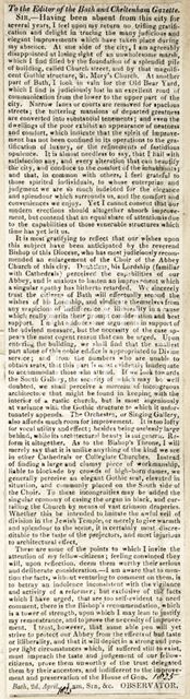 Letter regarding improvements to Bath and the state of the Abbey 1825