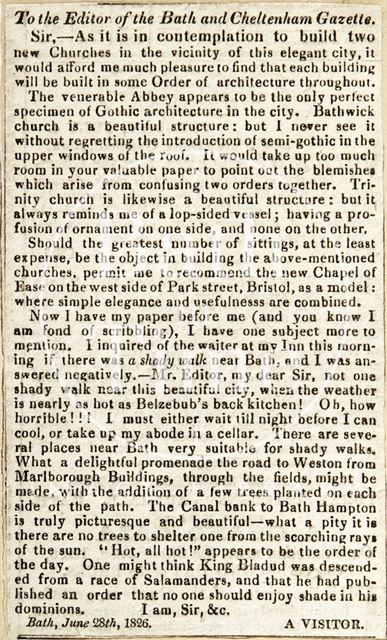 Letter regarding the architecture of two new churches in Bath 1826