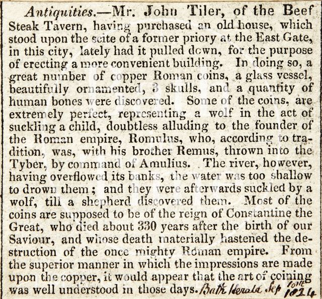 Antiquities describing the Beef Steak Tavern on East Gate, Bath 1824