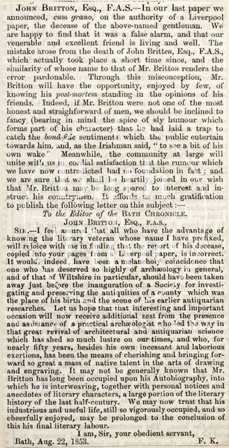 John Britton Esq. Apology and Letter to the Editor of the Bath Chronicle 1853