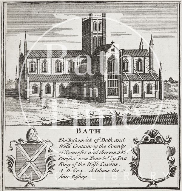 Bath Abbey and two coats of arms 1760?