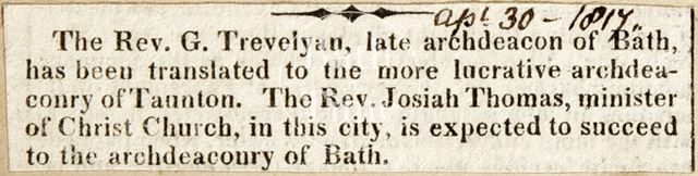 Succession of Bath Archdeaconship 1817