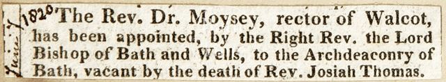 Succession of Bath Archdeaconship 1820